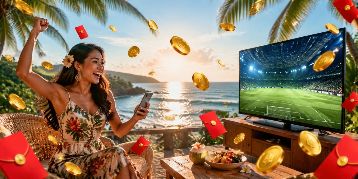 Model menerima amplop merah bonus dengan ekspresi senang di suasana perayaan