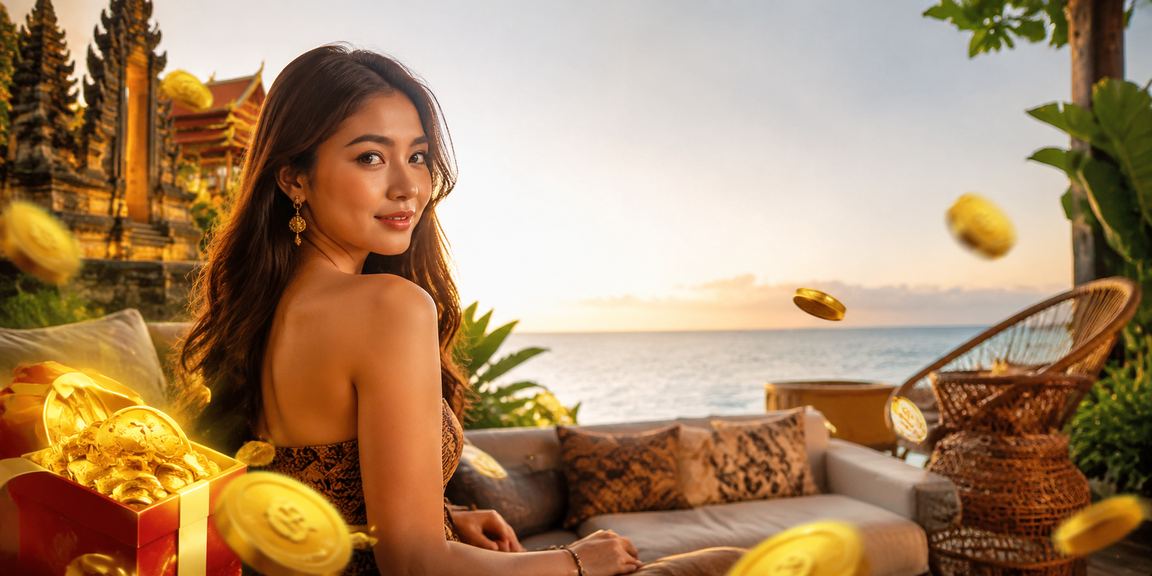 Suasana permainan casino di tepi pantai tropis dengan nuansa sore hari